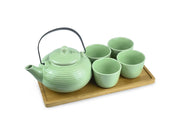 Japanese Green Ceramic Teapot & Bamboo Tray - Shizen Cha