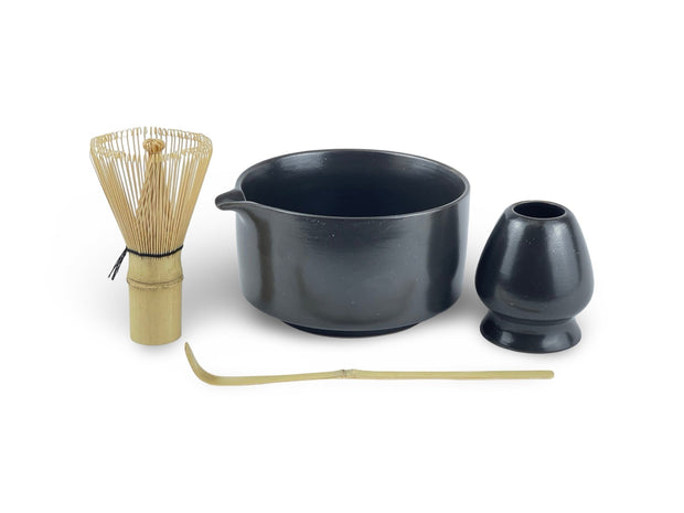 Japanese Matte Black Katakuchi Matcha Tea Bowl Set - Shizen Cha