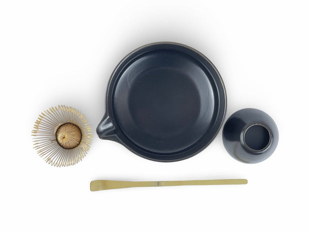 Japanese Matte Black Katakuchi Matcha Tea Bowl Set - Shizen Cha