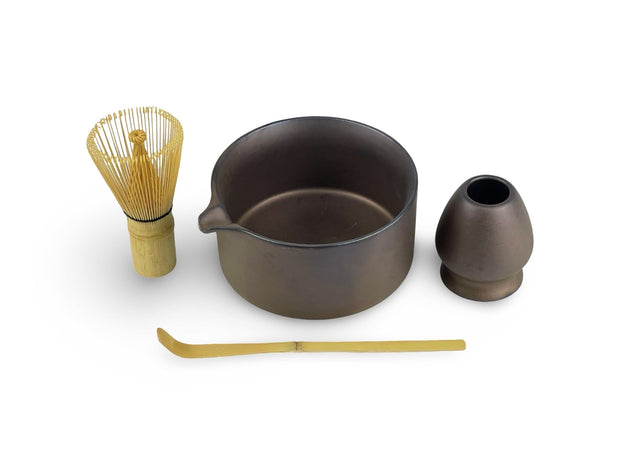 Japanese Matte Bronze Katakuchi Matcha Tea Bowl Set - Shizen Cha