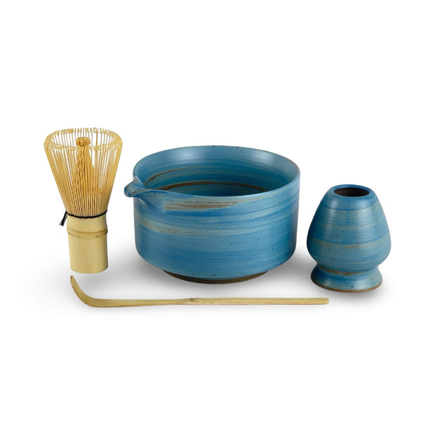 Japanese Pebble Blue Katakuchi Matcha Tea Bowl Set - Shizen Cha