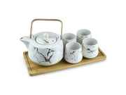 Japanese White Marble Gold Ceramic Teapot Set & Bamboo Tray - Shizen Cha