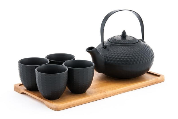 Black Ceramic Teapot Set w. Bamboo Tray - Shizen Cha