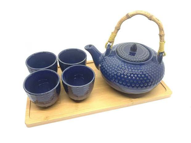 Blue Ceramic Teapot Set with Bamboo Tray - Shizen Cha